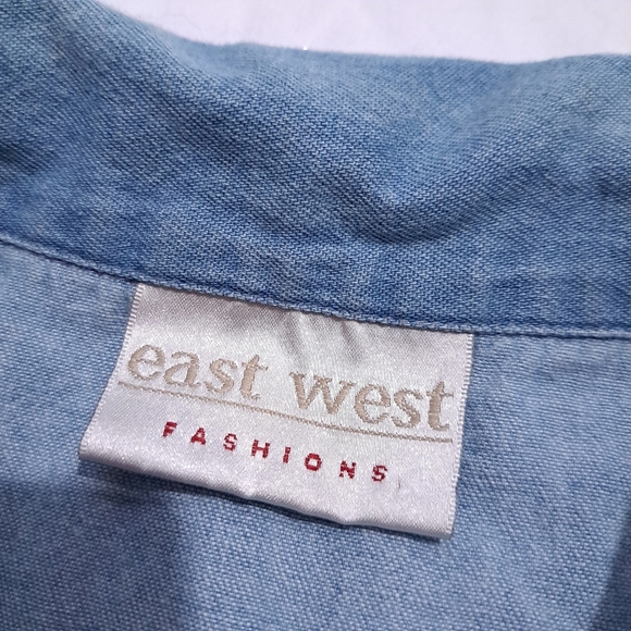 East west fashions| Denim blue button up short sleeve flower embroidered Shirt - Picture 9 of 10